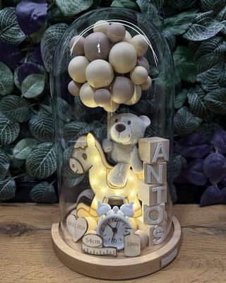 Metryczka z misiem na bujanym świecącym koniku